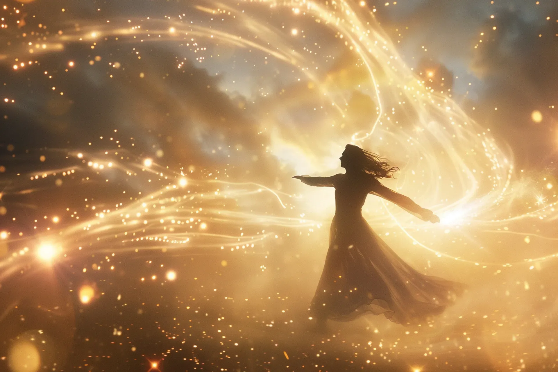 Silhouette Woman Sparkling Golden Sky